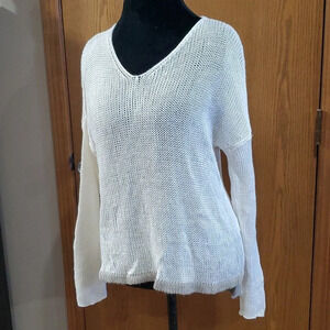 Eileen fisher cream open knit vneck long sleeve sweater linen